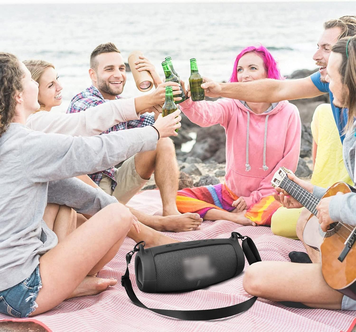 Silicone Case Cover for JBL Charge 5 Portable Wireless Bluetooth Speaker, Travel Protective Soft Rubber Carrying Pouch with Shoulder Strap & Carabiner (Blue)