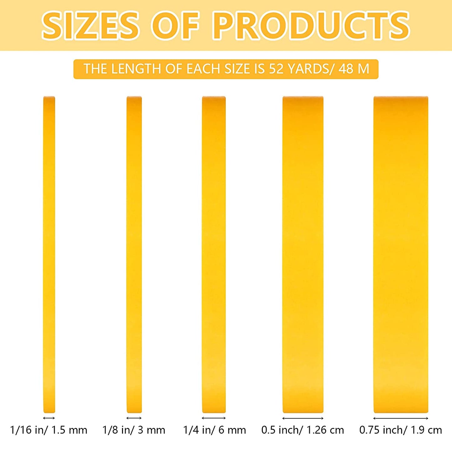 5 Rolls Pinstripe Tape 1/16, 1/8, 1/4, 1/2 and 3/4 Inch X (Yellow)