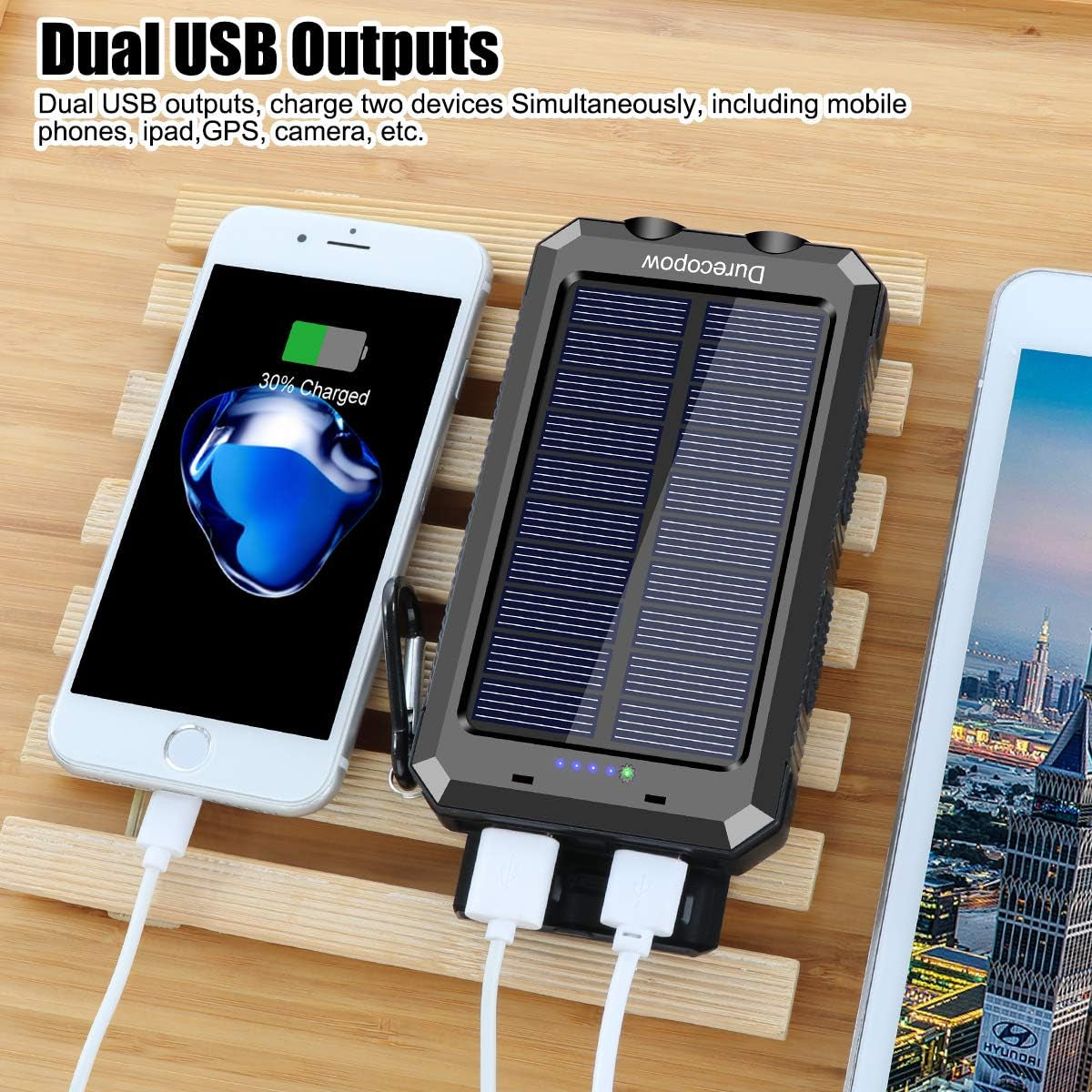 Spring Solar Charger, 20000Mah Portable Outdoor Waterproof Solar Power Bank, Camping External Backup Battery Pack 