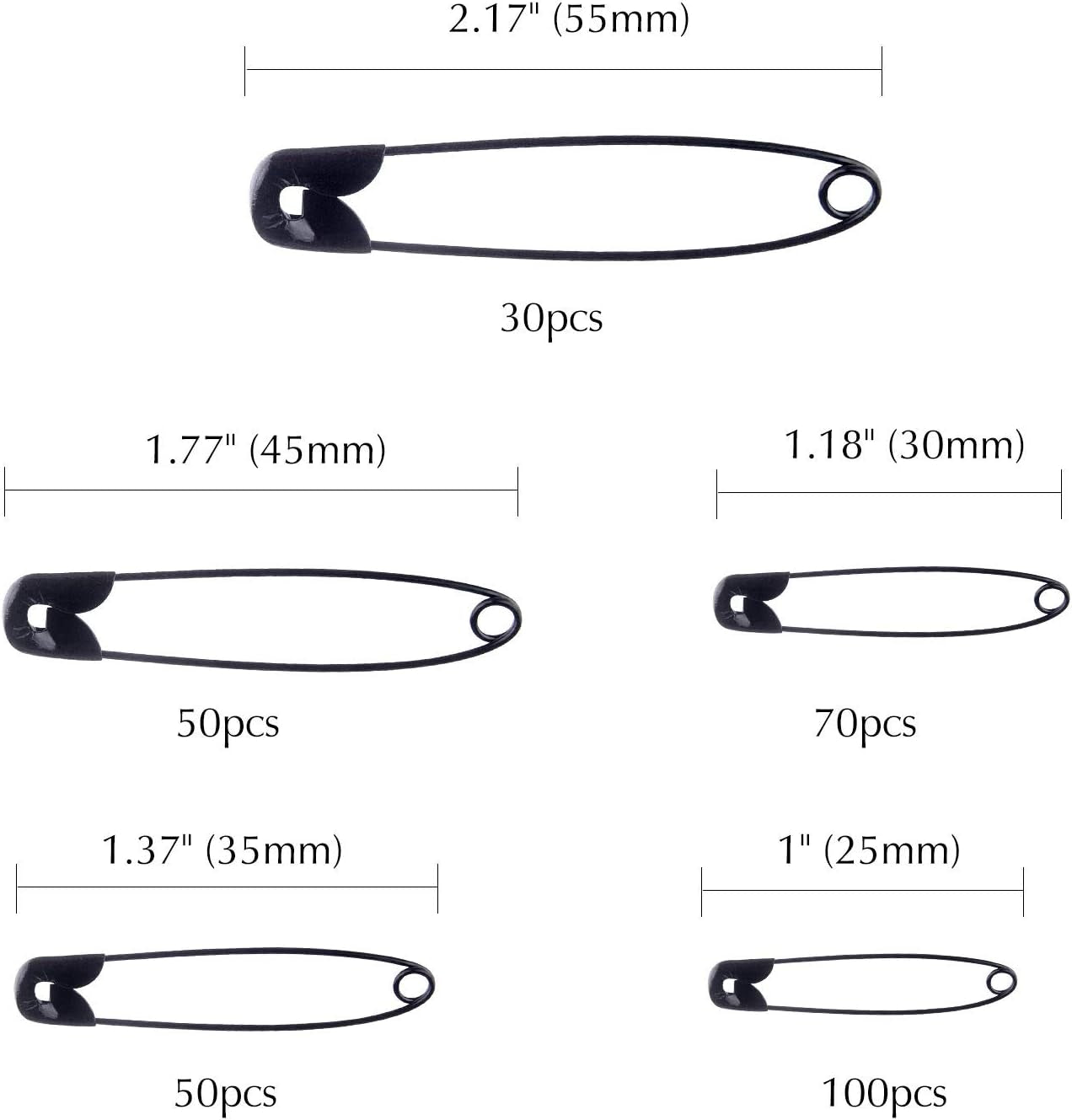 5 Sizes Black Safety Pins Assorted 25-55Mm – SpringLime