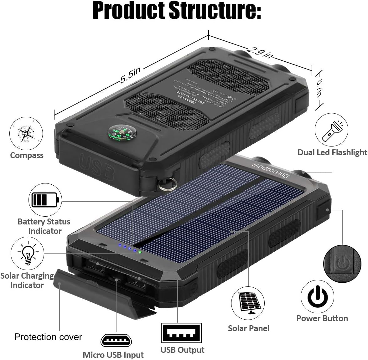 Spring Solar Charger, 20000Mah Portable Outdoor Waterproof Solar Power Bank, Camping External Backup Battery Pack 