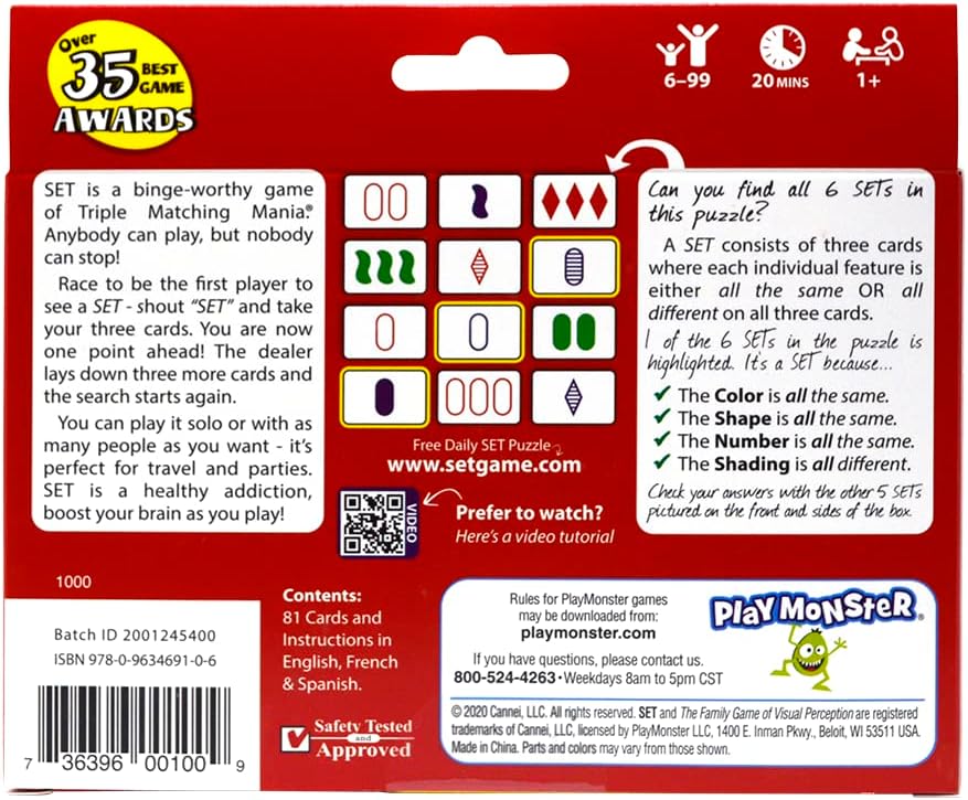 SET - the Family Card Game of Visual Perception - Race to Find the Matches, for Ages 8+,81 Cards, Rules Included