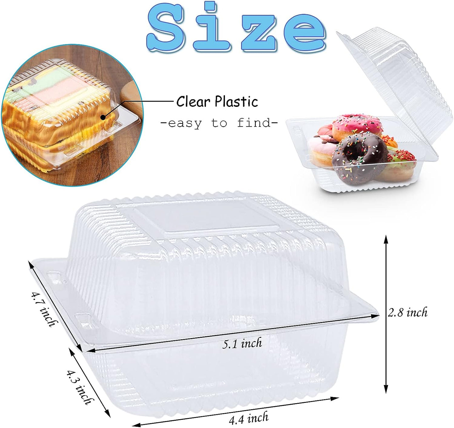 100 Pack Clear Plastic Take Out Container, Square Hinged Food Container, Dessert Clamshell Containers with Lids for Hamburgers