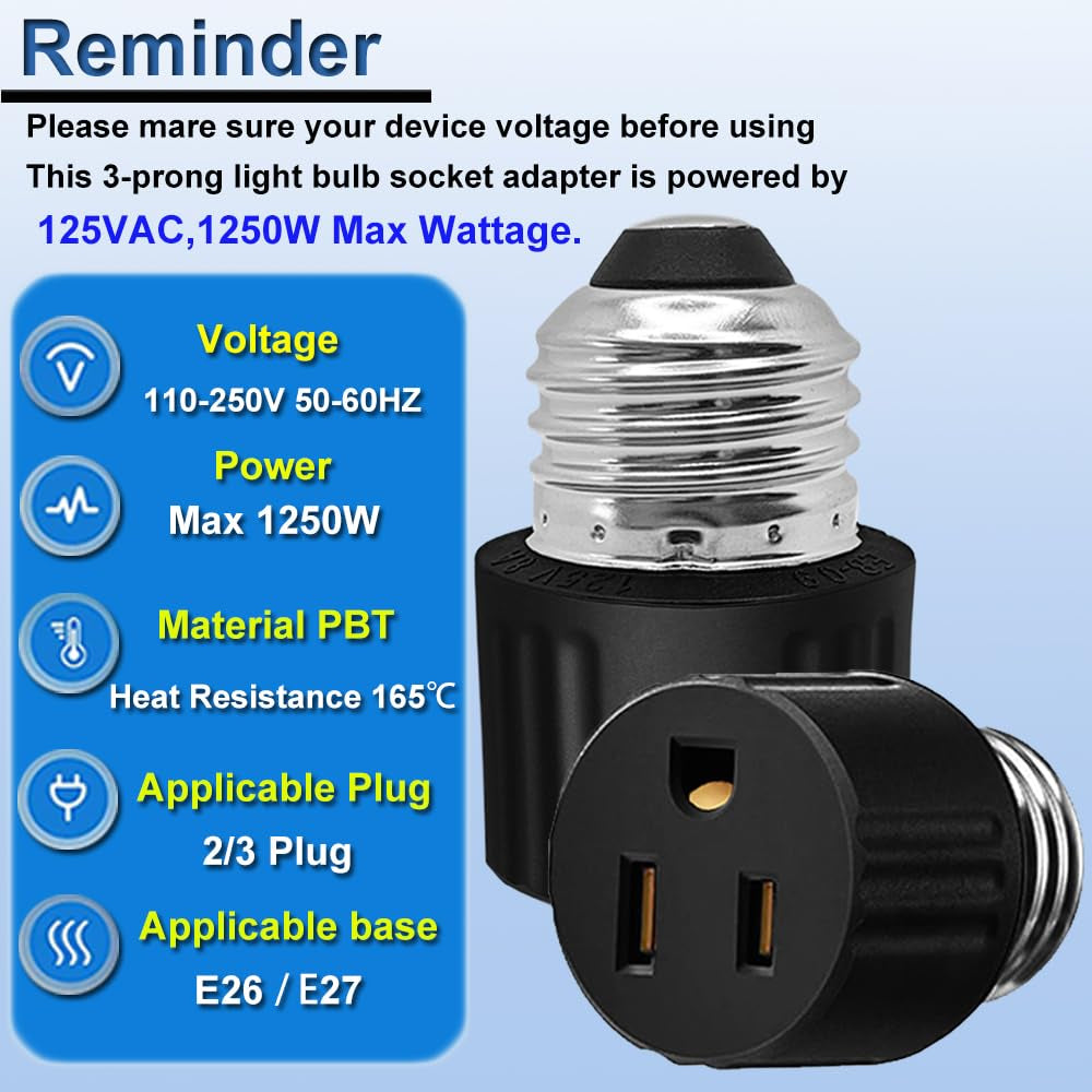 Spring E26/E27 3 Prong Light Socket to Plug Adapter,3Prong Light Bulb Outlet Socket Adapter 3 Packs