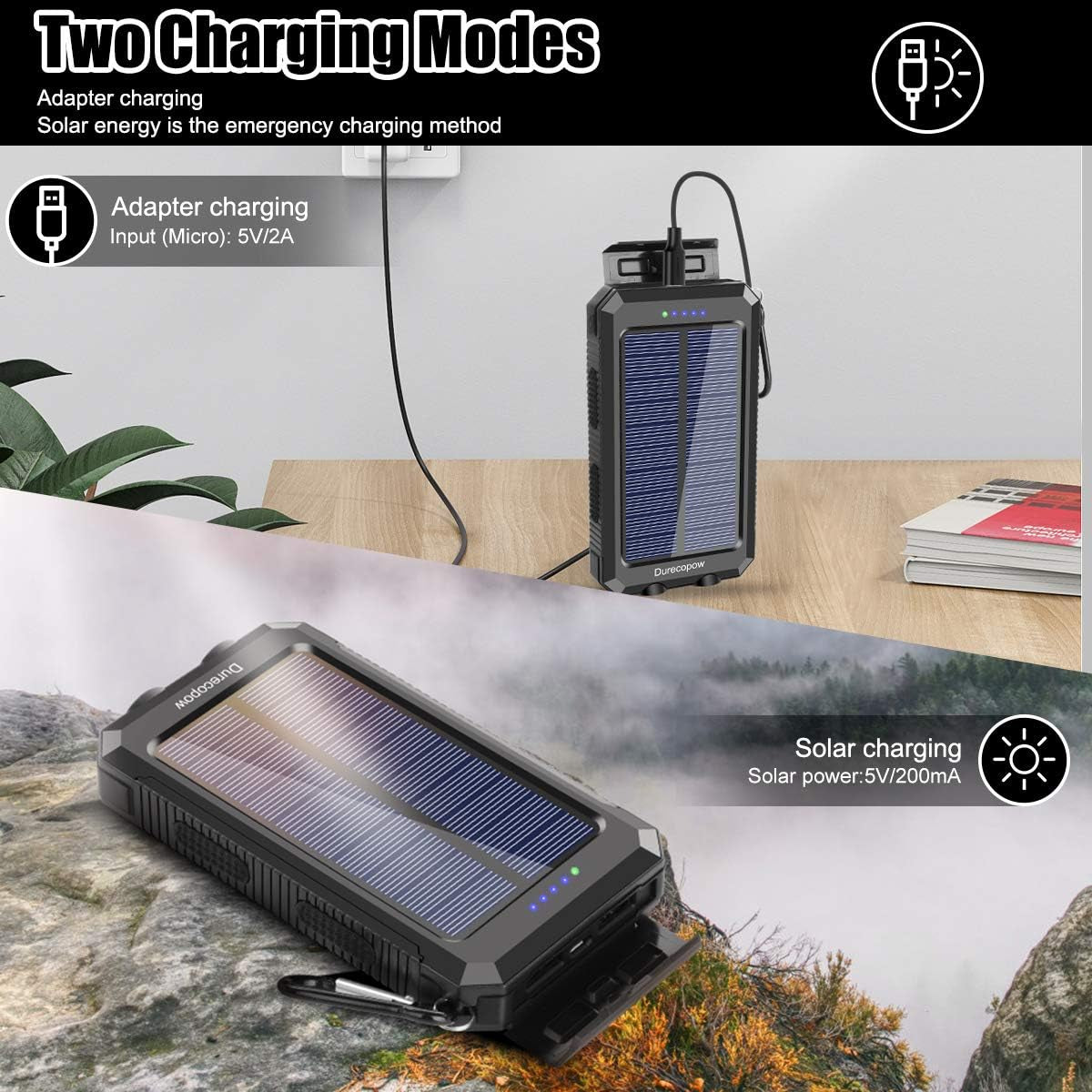 Spring Solar Charger, 20000Mah Portable Outdoor Waterproof Solar Power Bank, Camping External Backup Battery Pack 
