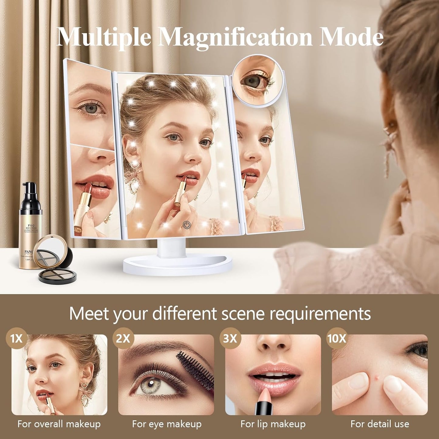 Spring Makeup Mirror Vanity Mirror with Lights, 2X 3X 10X Magnification