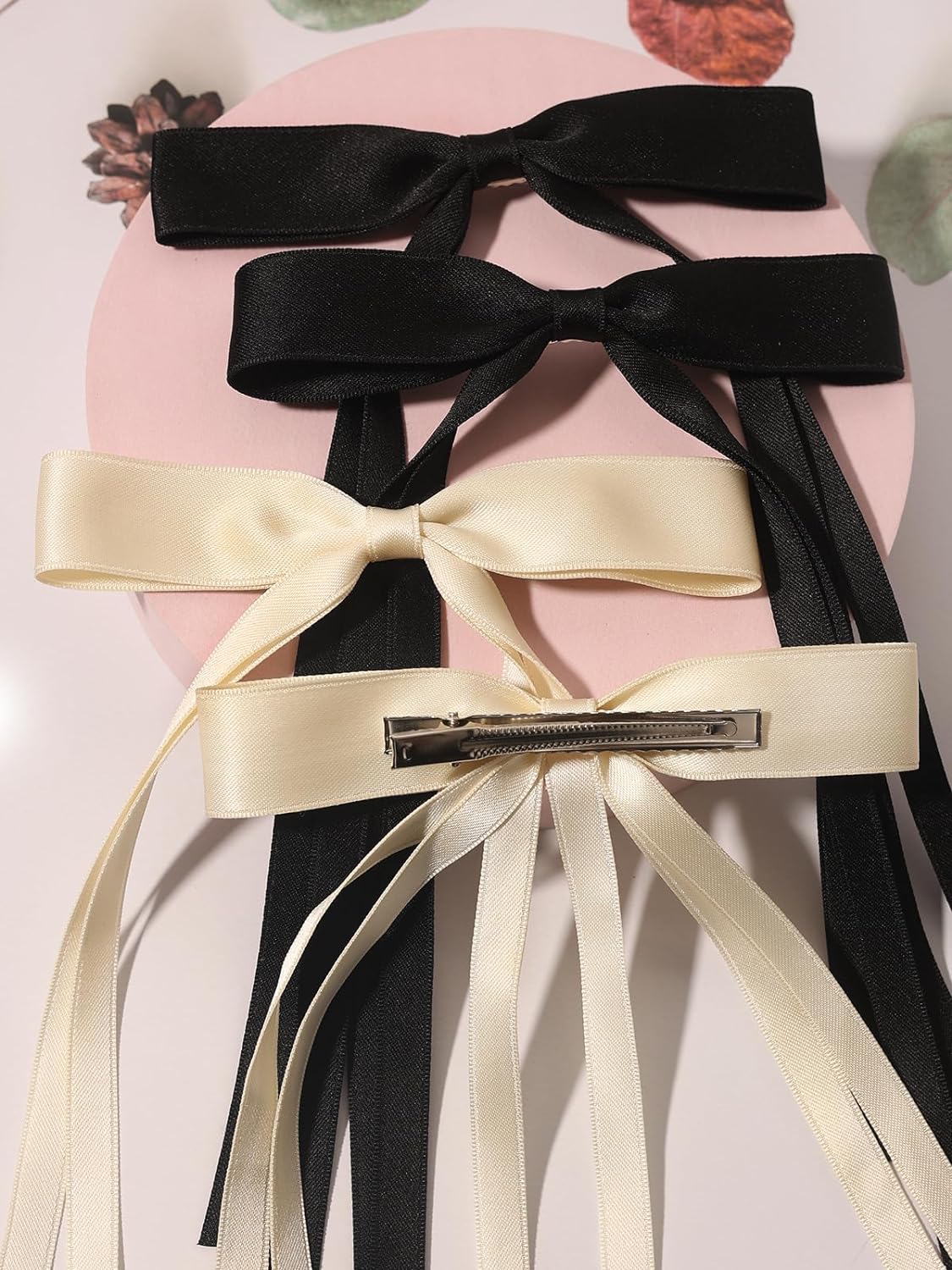 4Pcs Hair Clips for Women Tassel Ribbon Bowknot with Long Tail, Clip Girl, Solid Accessories Barrettes Claw Bow (Black&Beige)
