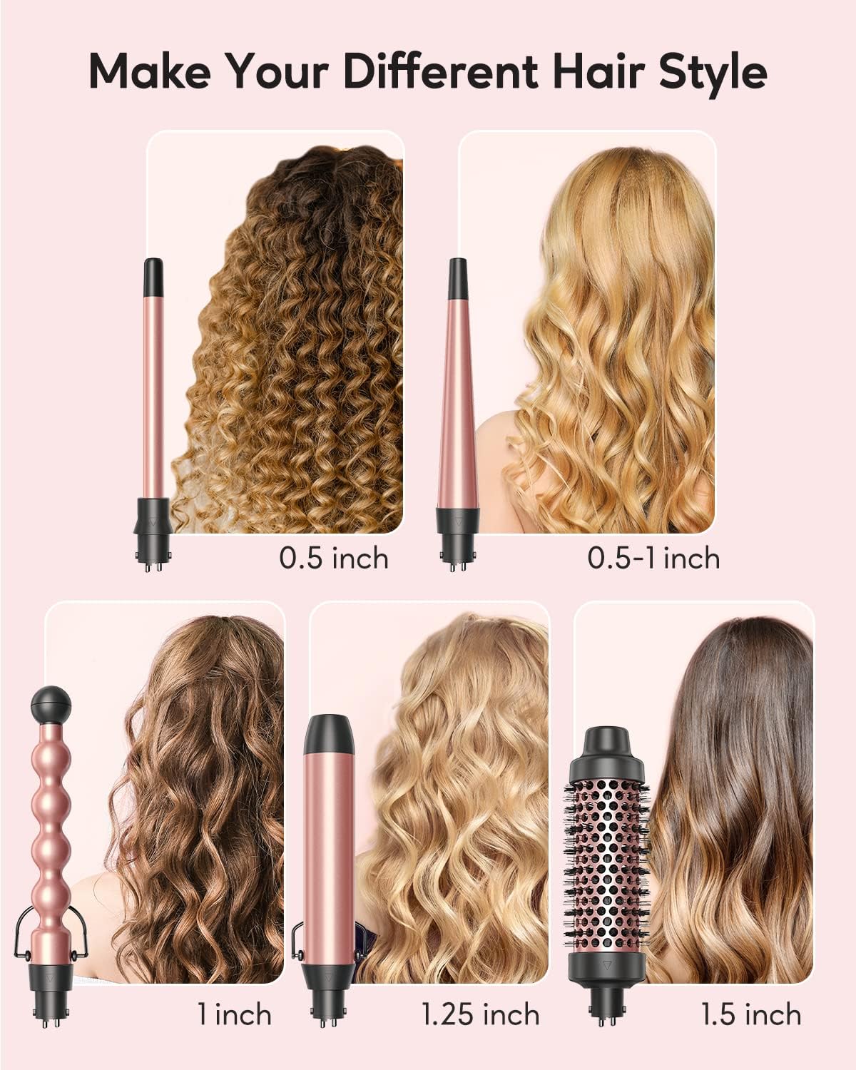 5 in 1 Curling Iron,Curling Wand Set with Curling Brush and 4 Interchangeable Ceramic Curling Wand(0.5”-1.25”),Instant Heat Up,Include Heat Protective Glove & 2 Clips