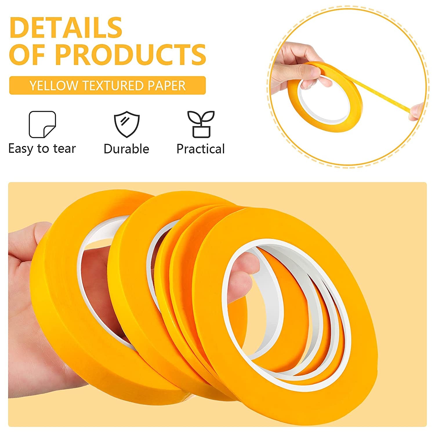 5 Rolls Pinstripe Tape 1/16, 1/8, 1/4, 1/2 and 3/4 Inch X (Yellow)