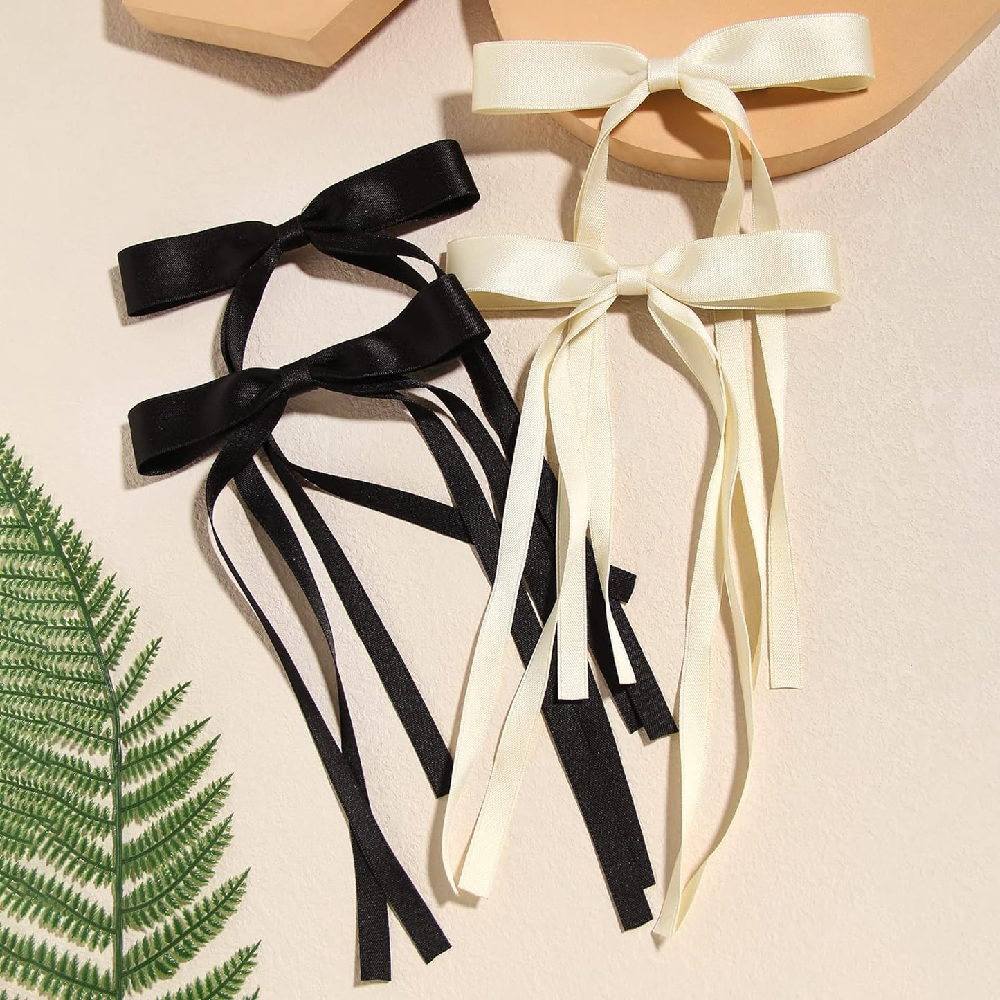 4Pcs Hair Clips for Women Tassel Ribbon Bowknot with Long Tail, Clip Girl, Solid Accessories Barrettes Claw Bow (Black&Beige)