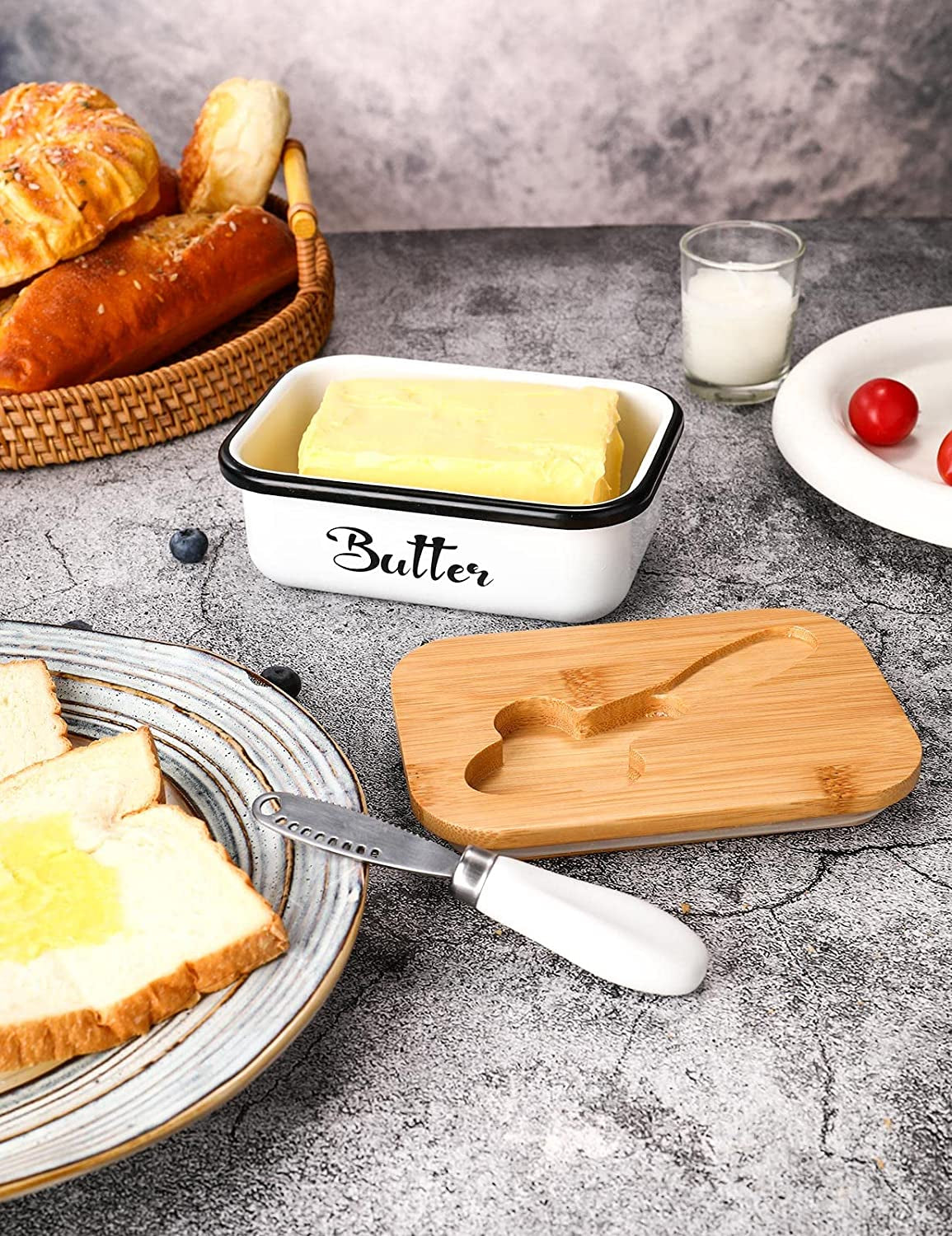 Spring Butter Dish with Lid for Countertop,  Metal Butter Keeper with Stainless Steel 