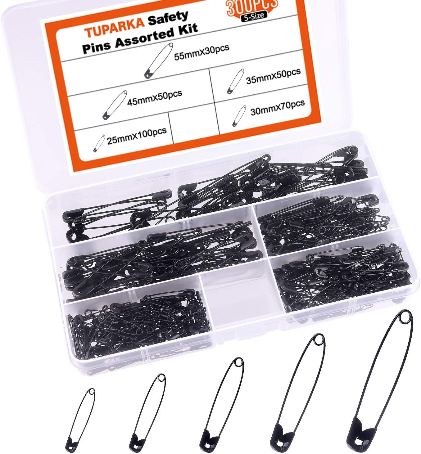 5 Sizes Black Safety Pins Assorted 25-55Mm 
